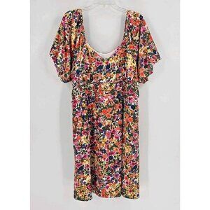 Cato Womens Colorful Floral Stretch Pullover Lined Dress Puff Sleeve Pockets 1X
